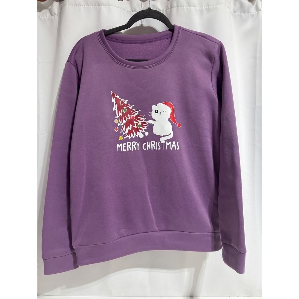 SHEIN Sweatshirt Women‎ Small Purple Excellent Merry Christmas Cat Graphic
